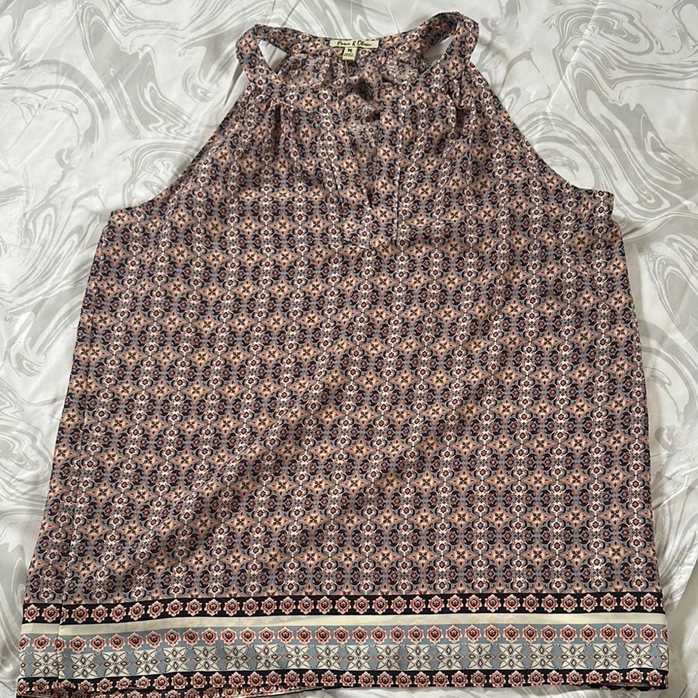 Brown and Tan Sleeveless Blouse with Geometric Pattern